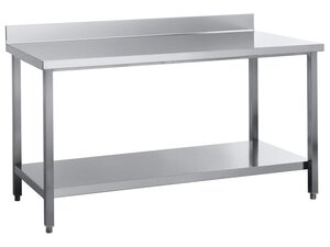 Arbeitstisch Edelstahl, mit Tischplatte und Grundboden, mit Aufkantung (100 mm), BTH 1600 x 600 x 850 mm